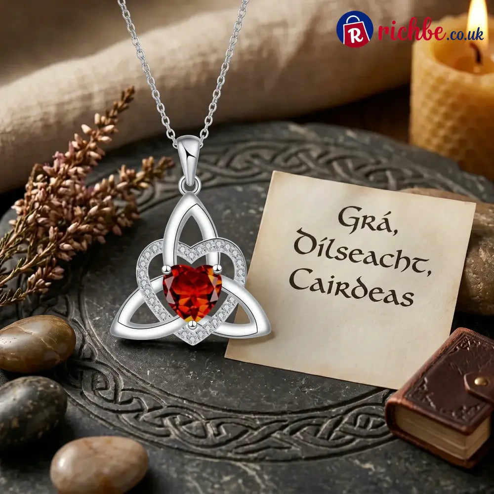 ✨ Celtic Trinity Knot Heart Birthstone Necklace | Heart-Shaped Pendant