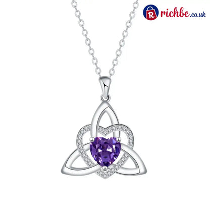 ✨ Celtic Trinity Knot Heart Birthstone Necklace | Heart-Shaped Pendant - February