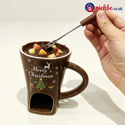Ceramic Chocolate Fondue Mug - Chocolate‑Brown + Fork & 6‑Pack Tealight Candles - Hot Sale