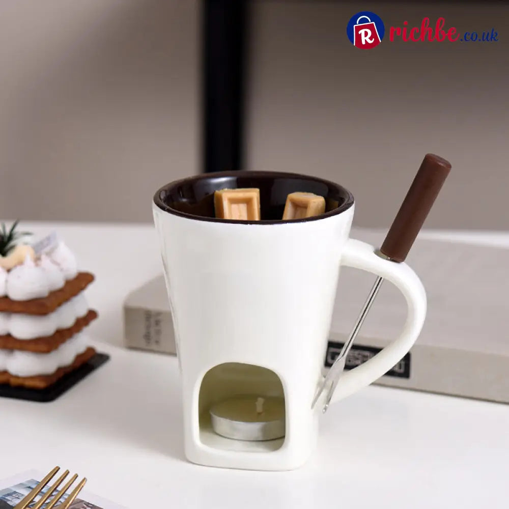 Ceramic Chocolate Fondue Mug - Coffee‑Brown with Fork & Tealight Candles - Hot Sale
