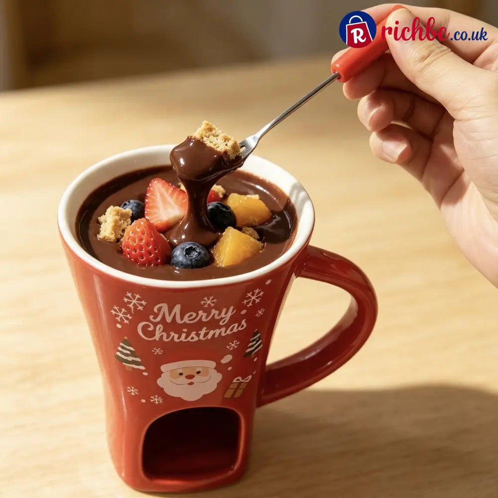 Ceramic Chocolate Fondue Mug - Chocolate‑Red + Fork & 6‑Pack Tealight Candles - Hot Sale