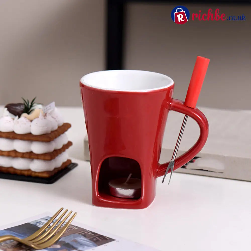 Ceramic Chocolate Fondue Mug - Red with Fork & Tealight Candles - Hot Sale