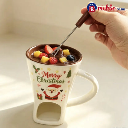 Ceramic Chocolate Fondue Mug - Chocolate‑White + Fork & 6‑Pack Tealight Candles - Hot Sale