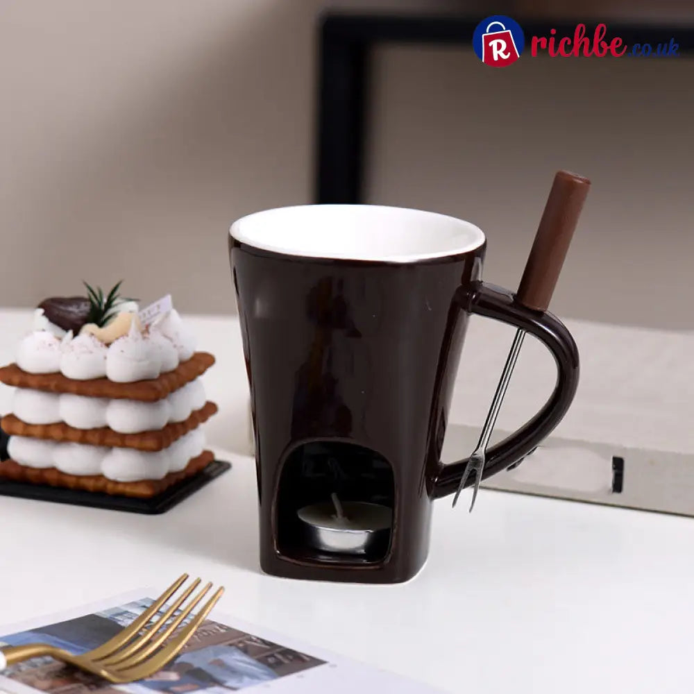 Ceramic Chocolate Fondue Mug - White with Fork & Tealight Candles - Hot Sale