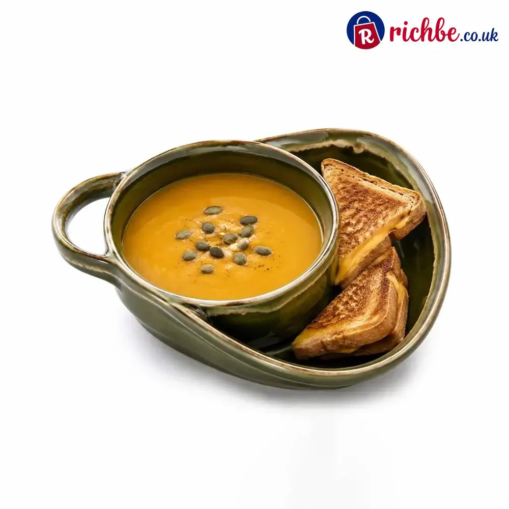 Ceramic Soup & Toasty Bowls with Handles – Rustic Reactive Glaze Design - Olive green