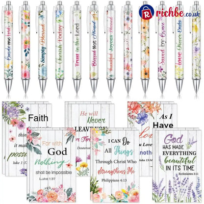 ✝️Christian Gifts Set: Motivational Pens & Bible Verse Notebooks – Inspire Your Faith Journey🌸 - Floral / ❤️12pcs(6