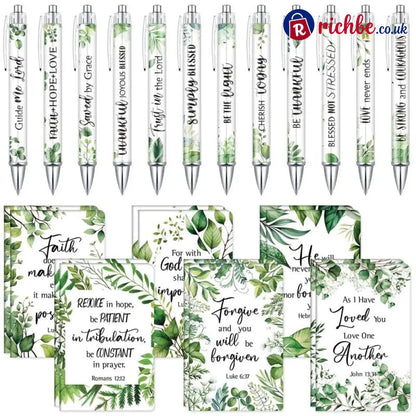 ✝️Christian Gifts Set: Motivational Pens & Bible Verse Notebooks – Inspire Your Faith Journey🌸 - Greenery / ❤️12pcs(6