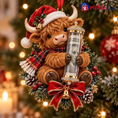 🎄 💵 Christmas Cash Gift Ornament - ✨A Fun Way to Give Money This Christmas - 🐮 Highland Cow - Best Sale Of The Month