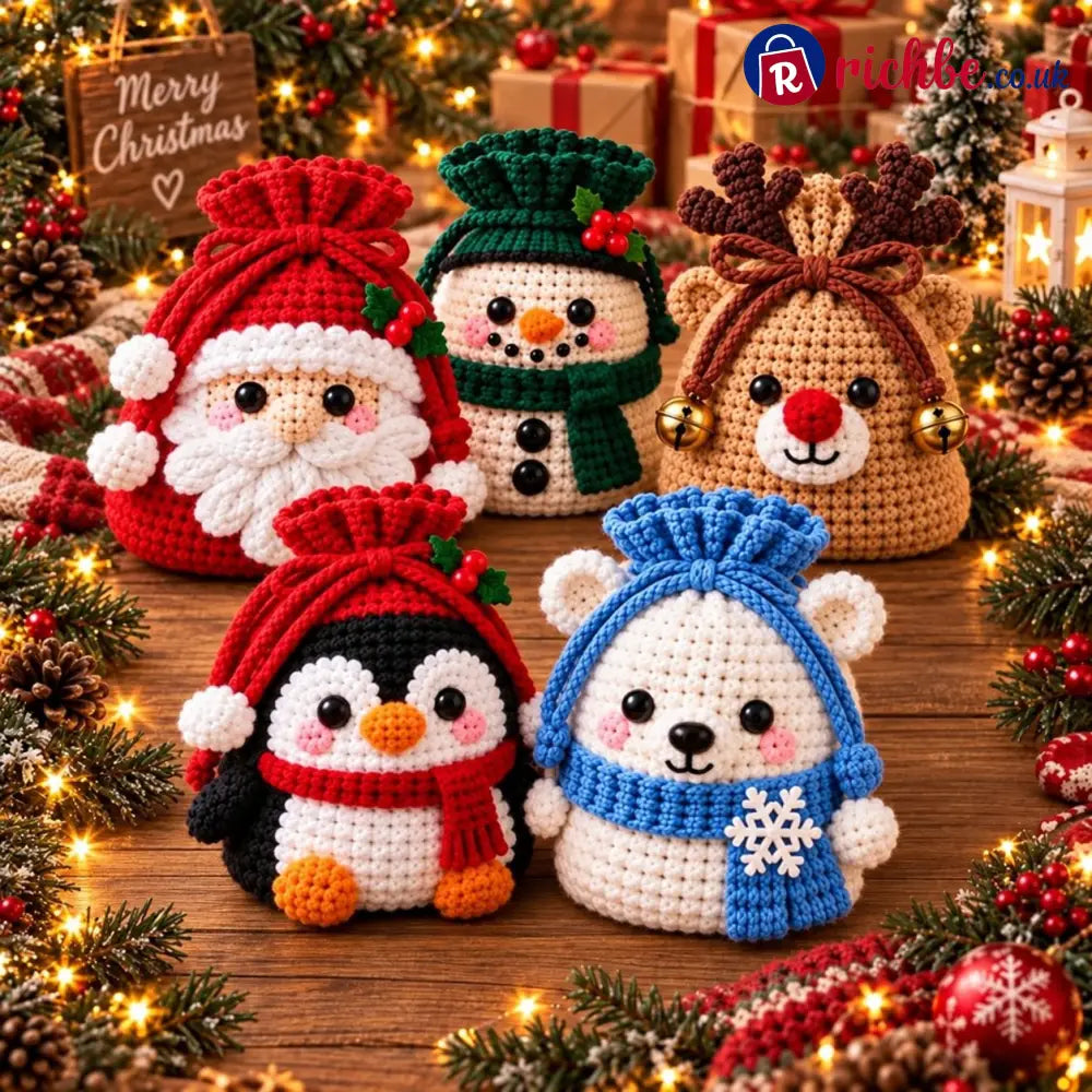 🎄 Christmas Crochet Character Gift Pouch | Reusable Drawstring Gift Bag, 12 Festive Designs - All Collections