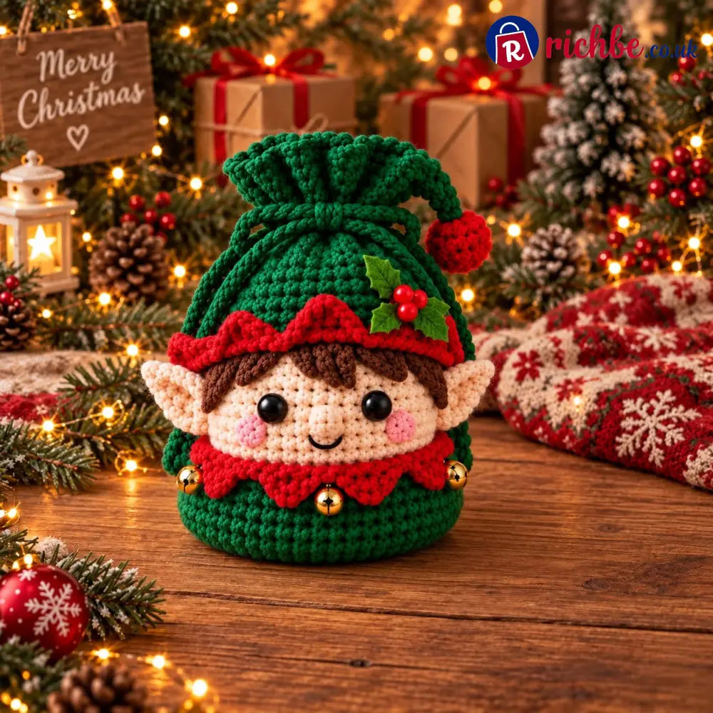 🎄 Christmas Crochet Character Gift Pouch | Reusable Drawstring Gift Bag, 12 Festive Designs - 🧝 Christmas Elf - All
