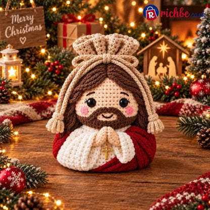 🎄 Christmas Crochet Character Gift Pouch | Reusable Drawstring Gift Bag, 12 Festive Designs - ✝️ Jesus - All Collections