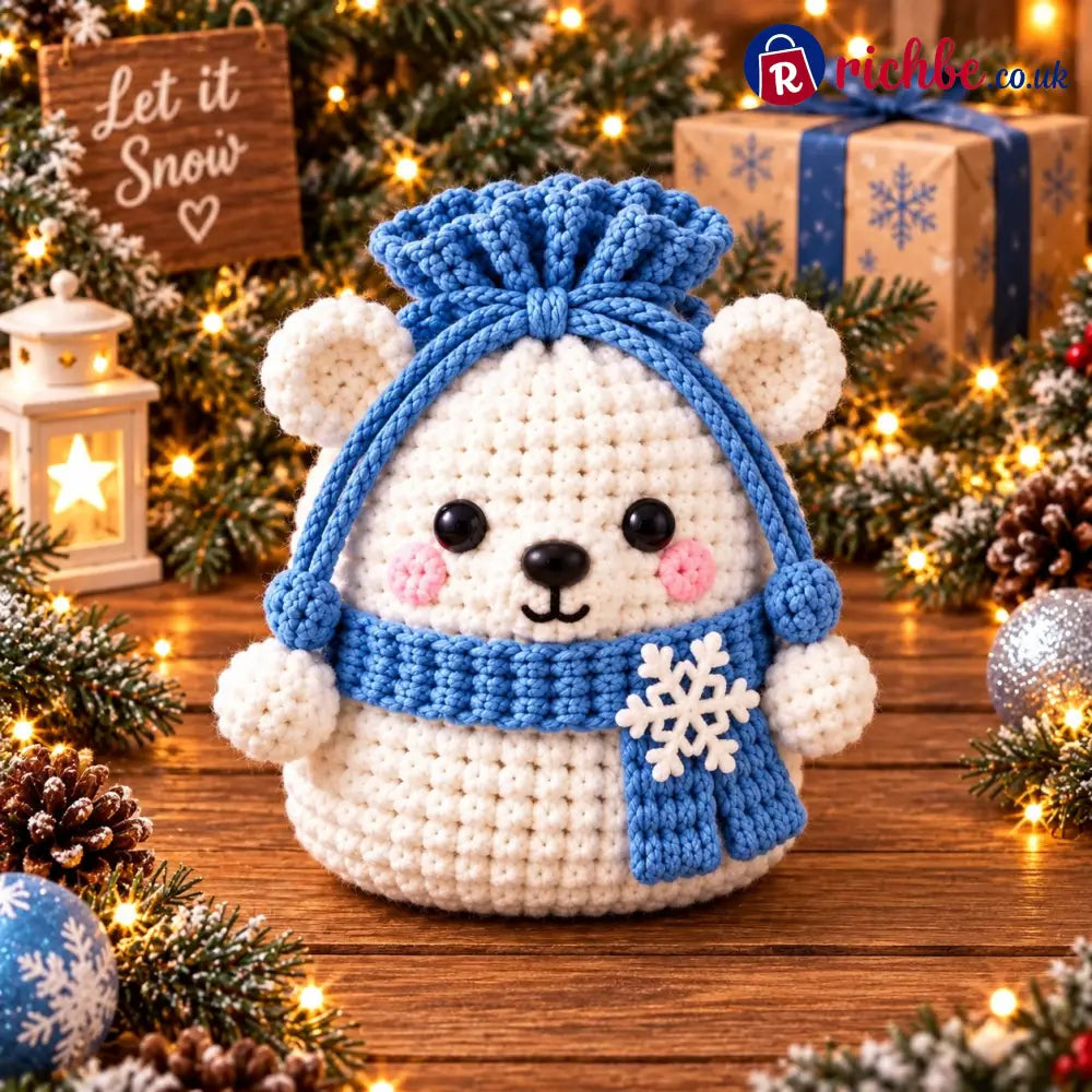 🎄 Christmas Crochet Character Gift Pouch | Reusable Drawstring Gift Bag, 12 Festive Designs - 🐻‍❄️ Polar Bear - All