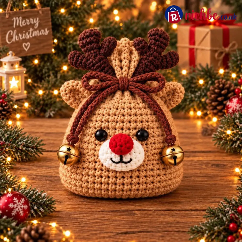 🎄 Christmas Crochet Character Gift Pouch | Reusable Drawstring Gift Bag, 12 Festive Designs - 🦌 Reindeer - All