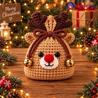 🎄 Christmas Crochet Character Gift Pouch | Reusable Drawstring Gift Bag, 12 Festive Designs - 🦌 Reindeer - All