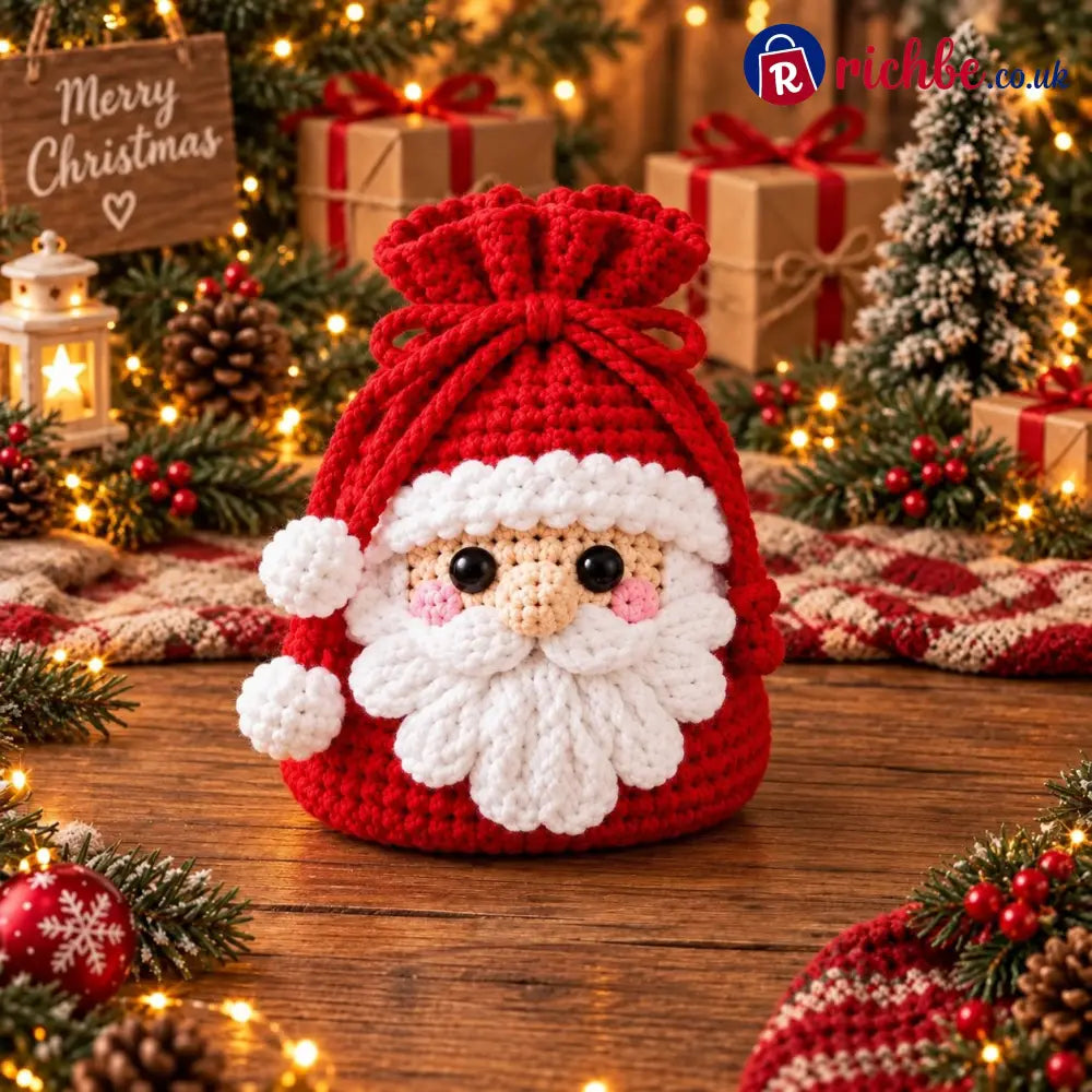 🎄 Christmas Crochet Character Gift Pouch | Reusable Drawstring Gift Bag, 12 Festive Designs - 🎅 Santa - All Collections
