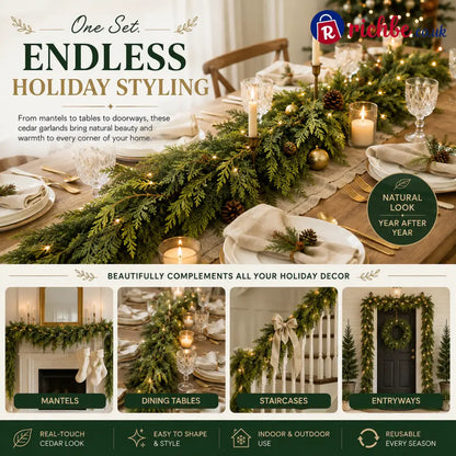 🏠 CHRISTMAS FAVORITE | Artificial Cedar Garland 2-Pack – 6 FT Faux Greenery for Mantels Tables Stairs & Walls