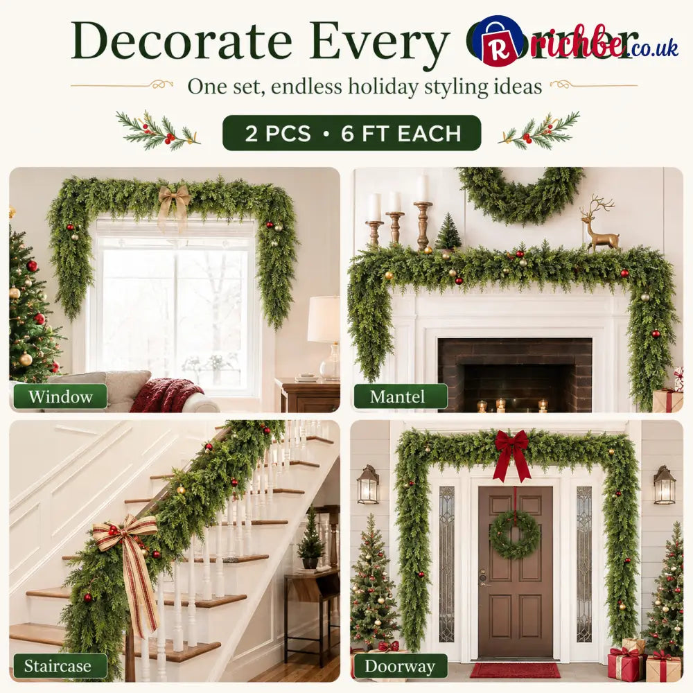 🏠 CHRISTMAS FAVORITE | Artificial Cedar Garland 2-Pack – 6 FT Faux Greenery for Mantels Tables Stairs & Walls