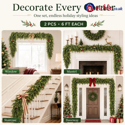 🏠 CHRISTMAS FAVORITE | Artificial Cedar Garland 2-Pack – 6 FT Faux Greenery for Mantels Tables Stairs & Walls