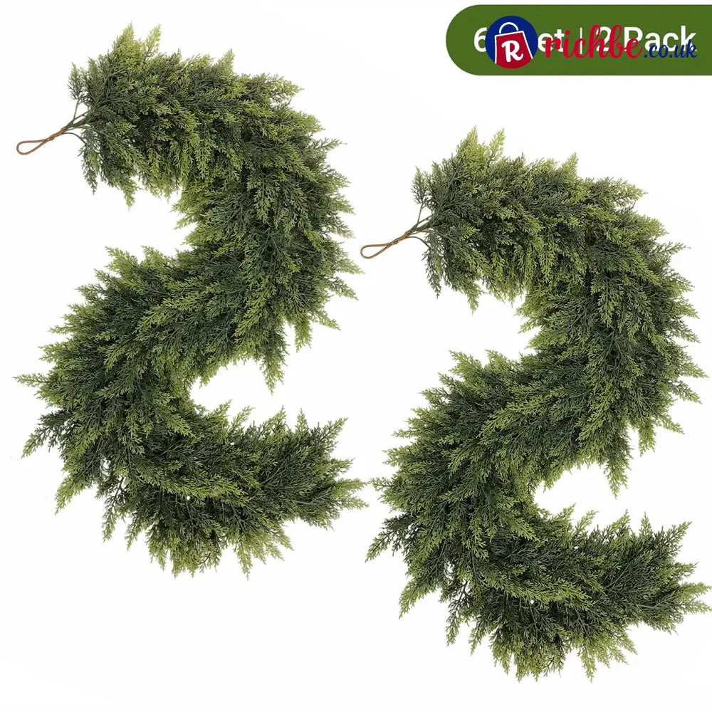 🏠 CHRISTMAS FAVORITE | Artificial Cedar Garland 2-Pack – 6 FT Faux Greenery for Mantels Tables Stairs & Walls - 6FT