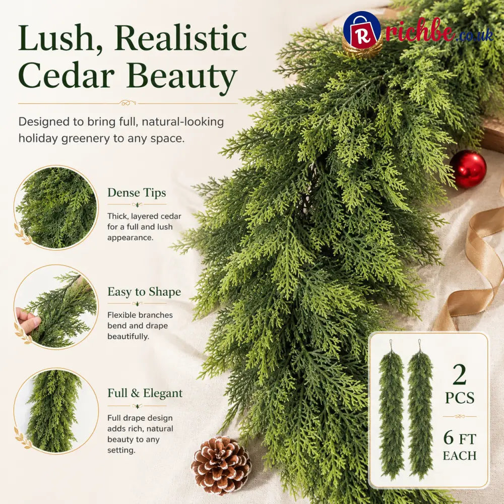 🏠 CHRISTMAS FAVORITE | Artificial Cedar Garland 2-Pack – 6 FT Faux Greenery for Mantels Tables Stairs & Walls