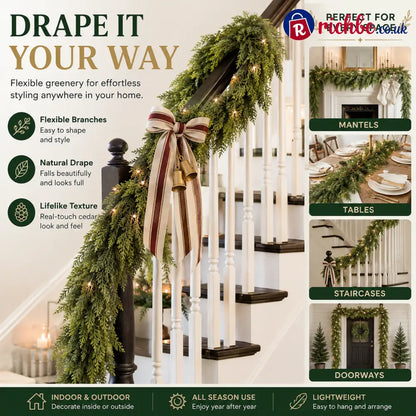 🏠 CHRISTMAS FAVORITE | Artificial Cedar Garland 2-Pack – 6 FT Faux Greenery for Mantels Tables Stairs & Walls