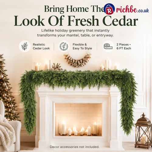🏠 CHRISTMAS FAVORITE | Artificial Cedar Garland 2-Pack – 6 FT Faux Greenery for Mantels Tables Stairs & Walls