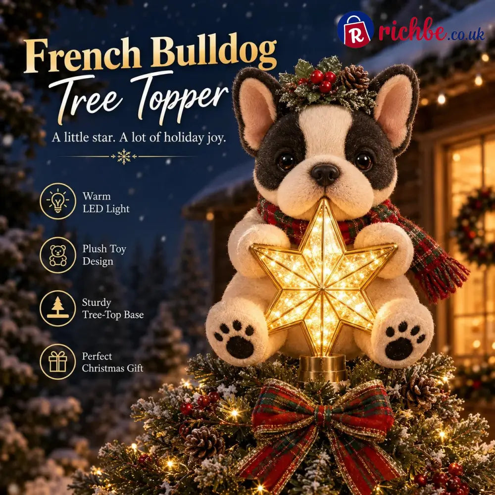 🎄 Christmas Glow Pup Tree Topper – Light-Up Holiday Dog Tree Topper - French Bulldog