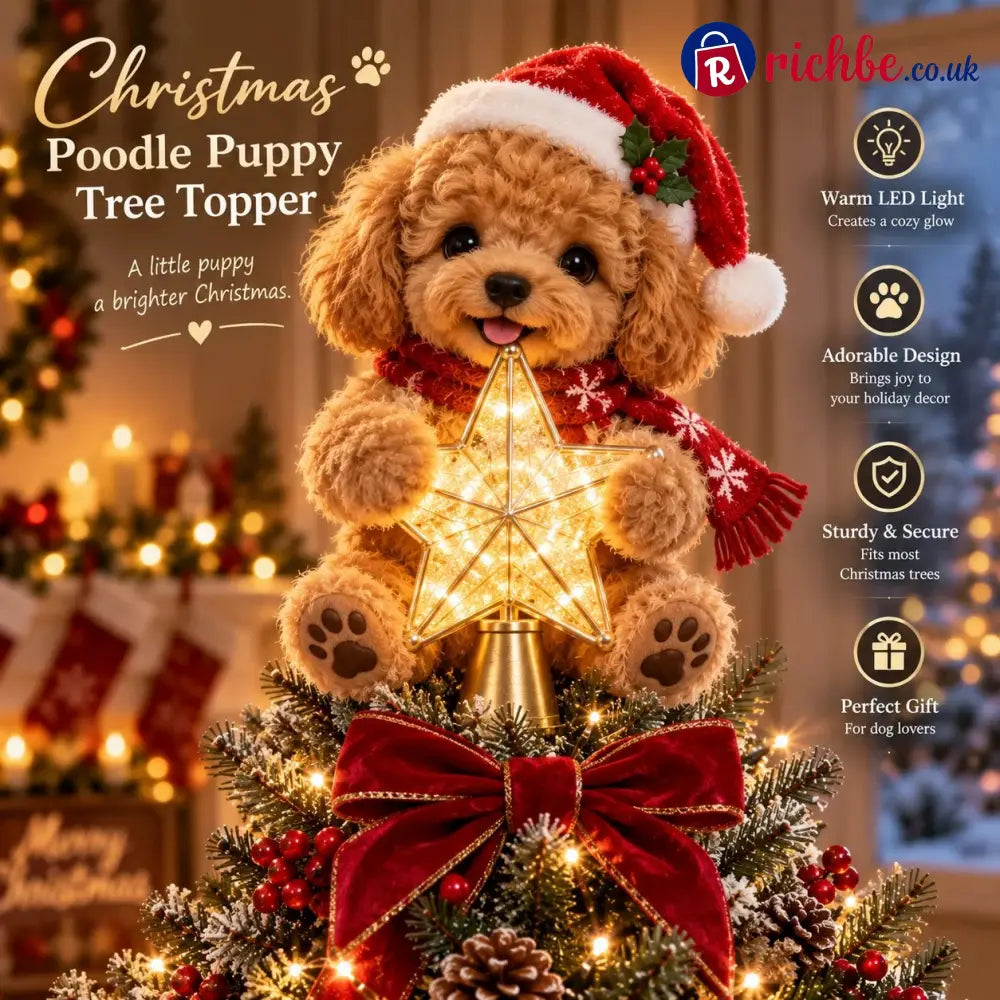 🎄 Christmas Glow Pup Tree Topper – Light-Up Holiday Dog Tree Topper - Poodle