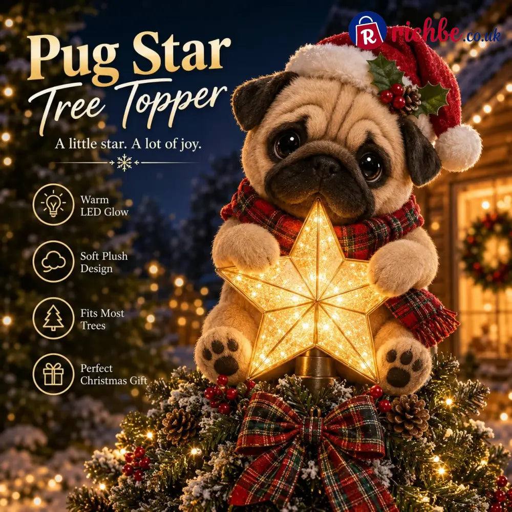 🎄 Christmas Glow Pup Tree Topper – Light-Up Holiday Dog Tree Topper - Pug