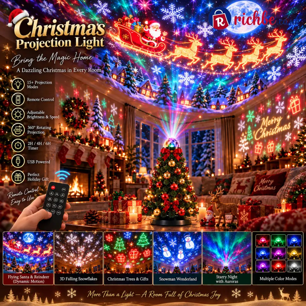 🎄 Christmas Tree Projection Light – 15+ Magical Holiday Scenes with Remote Control