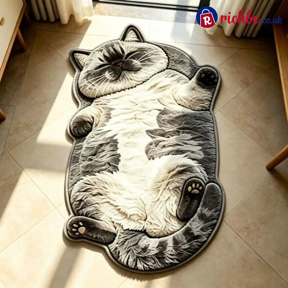 Chubby Tabby Cat Shaped Rug 🐱🤎 - Black - White / M: 16’’ × 24’’