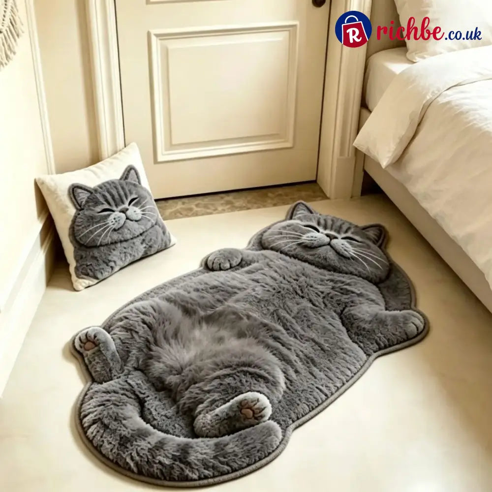 Chubby Tabby Cat Shaped Rug 🐱🤎 - Grey / M: 16’’ × 24’’