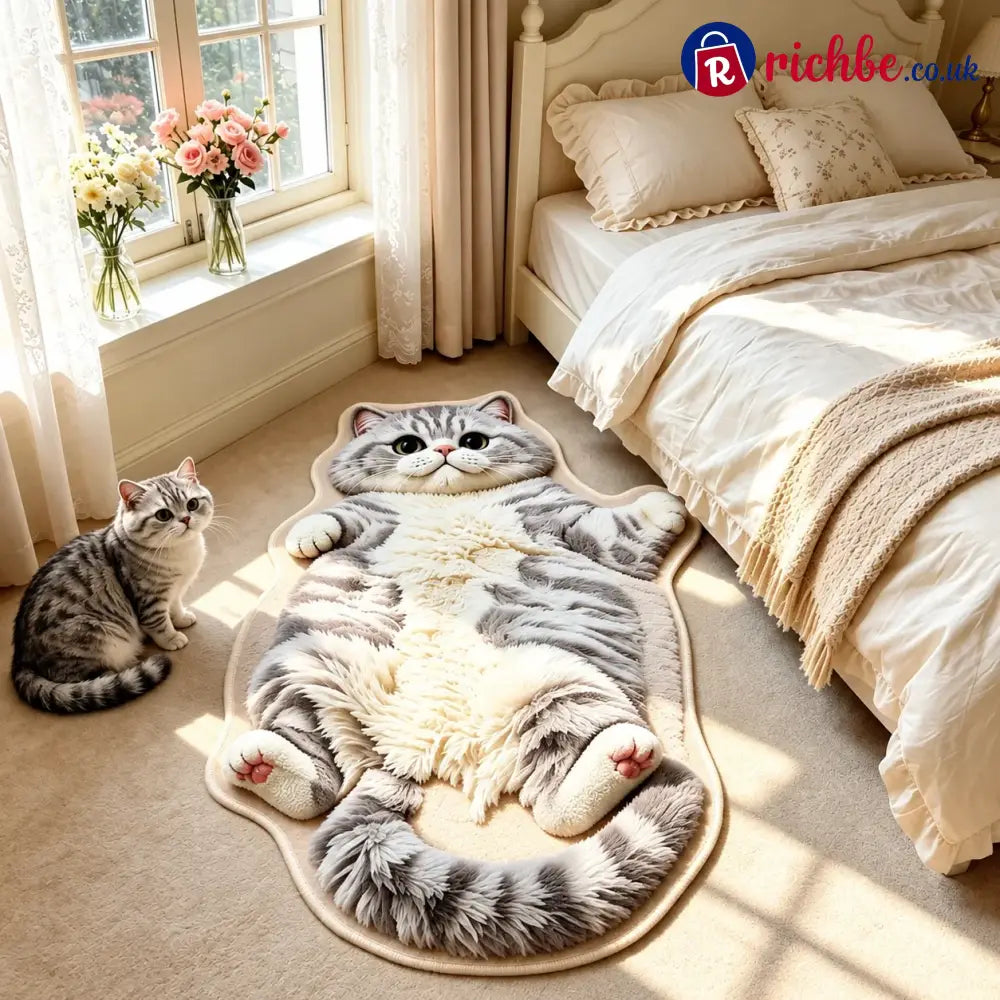 Chubby Tabby Cat Shaped Rug 🐱🤎 - Grey - White 2 / M: 16’’ × 24’’