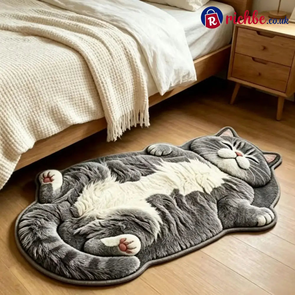 Chubby Tabby Cat Shaped Rug 🐱🤎 - Grey - White / M: 16’’ × 24’’