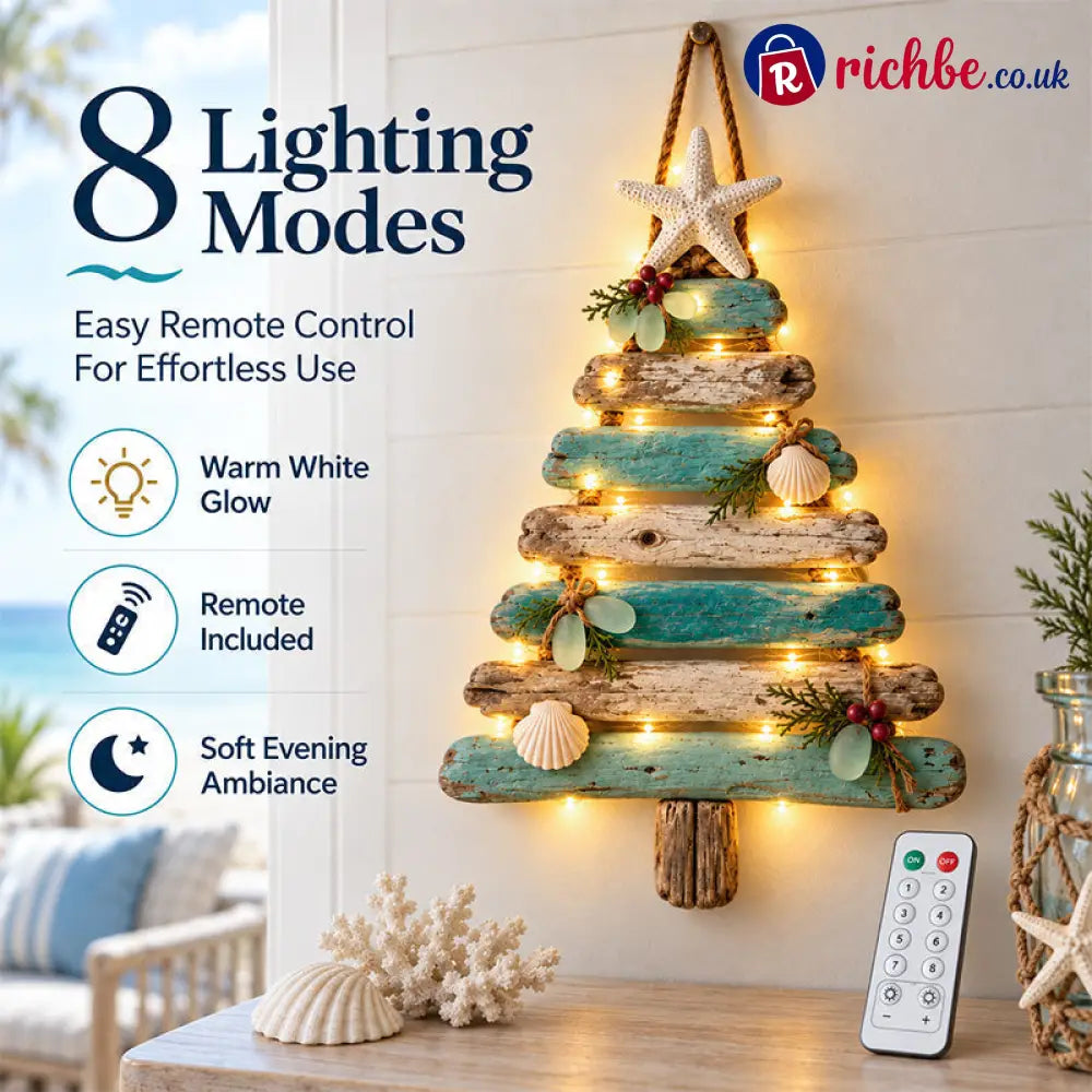 🌊🎄 Coastal Christmas Driftwood Tree – Lighted Beach House Wall Decor