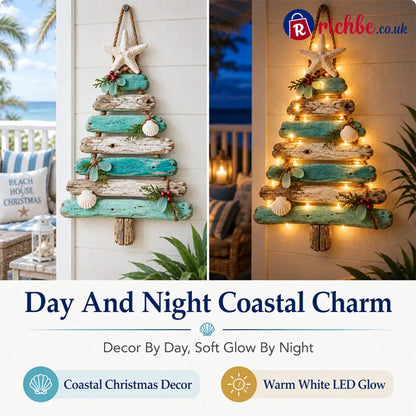 🌊🎄 Coastal Christmas Driftwood Tree – Lighted Beach House Wall Decor