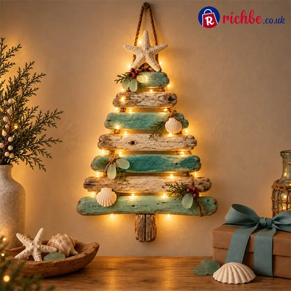 🌊🎄 Coastal Christmas Driftwood Tree – Lighted Beach House Wall Decor - Lighted Style (With Warm Light)