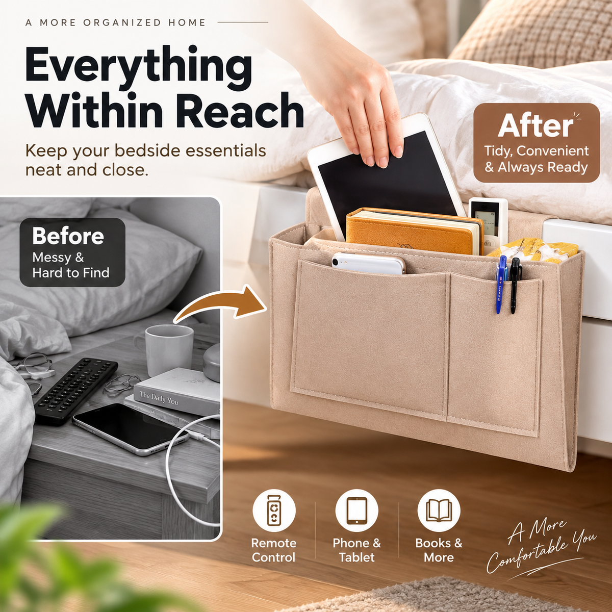 🛏️ Save 49%! 🧺 Bedside Hanging Caddy – Multi‑pocket felt organizer for dorm & bunk ✨