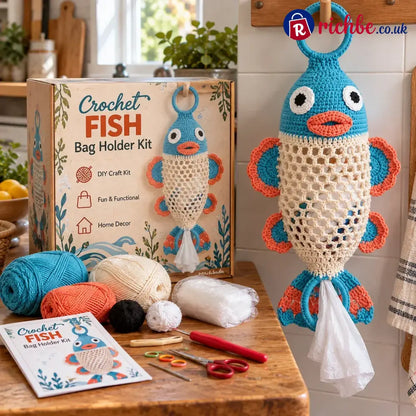 Crochet Animal Bag Holder Diy Kit – Cute & Functional Hanging Storage Craft Kit - Fish