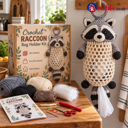 Crochet Animal Bag Holder Diy Kit – Cute & Functional Hanging Storage Craft Kit - Raccoon