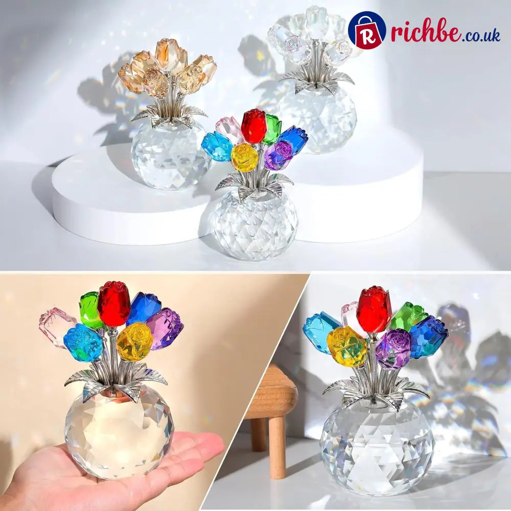 ✨🌹Crystal Colorful Rose Flower Collectible Figurine with Vase