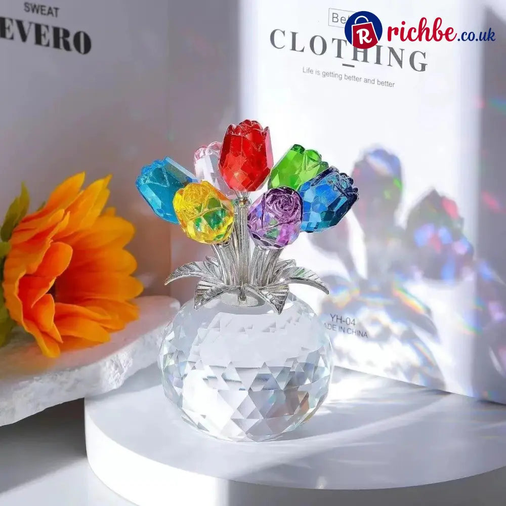 ✨🌹Crystal Colorful Rose Flower Collectible Figurine with Vase - 🔥Colorful