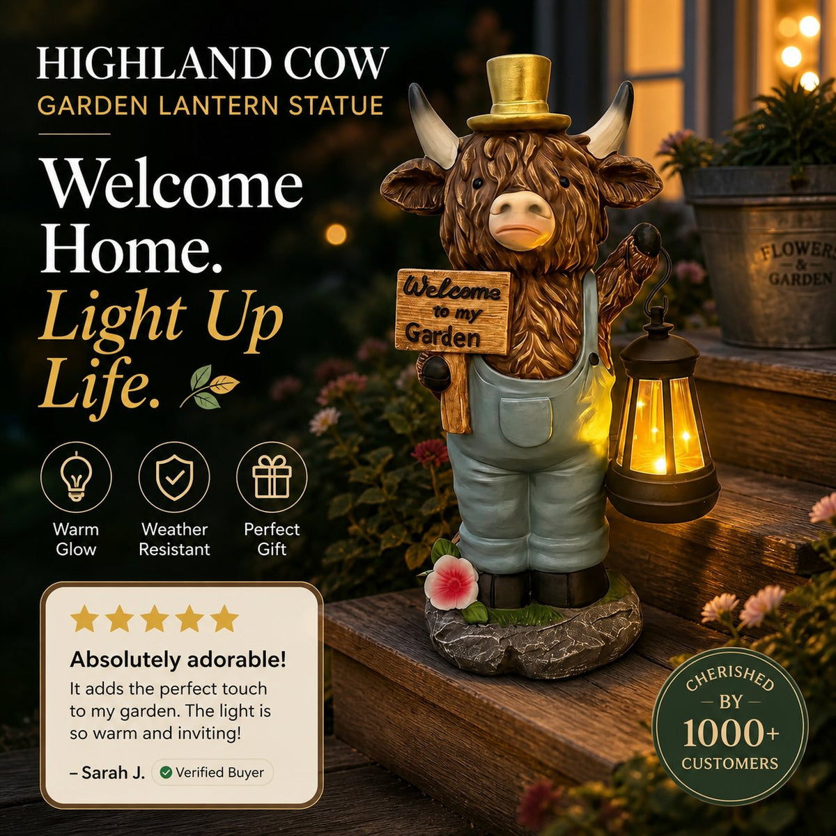 Highland Cow Garden Statue with Solar Lantern and Welcome Sign