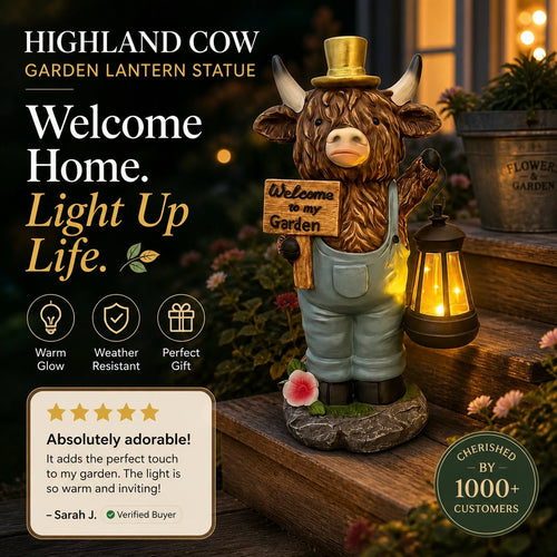 Highland Cow Garden Statue with Solar Lantern and Welcome Sign