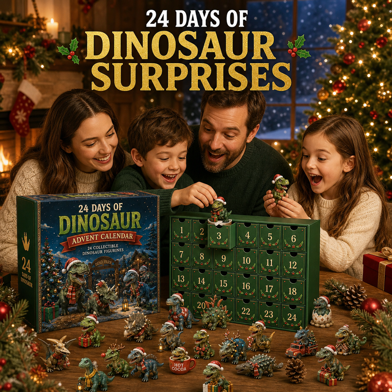 Family opening Dinosaur Christmas Advent Calendar
