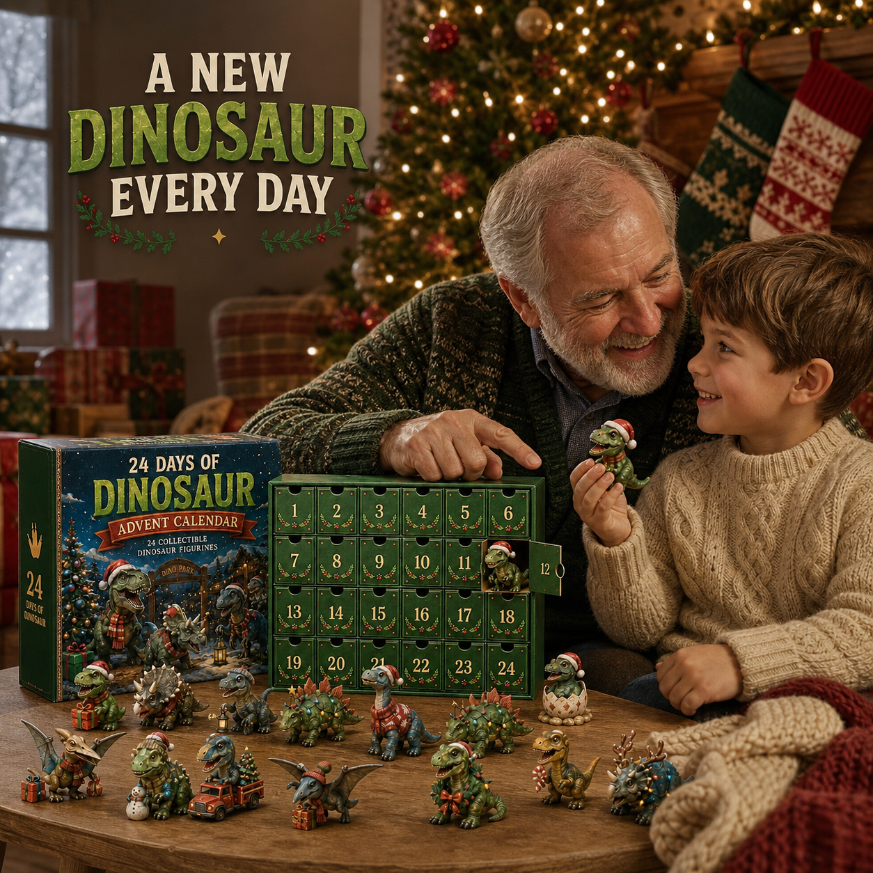 Grandparent giving dinosaur advent calendar surprise