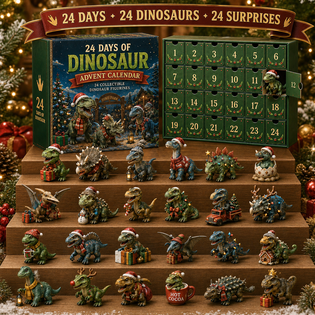 Complete 24 piece dinosaur Christmas advent calendar collection