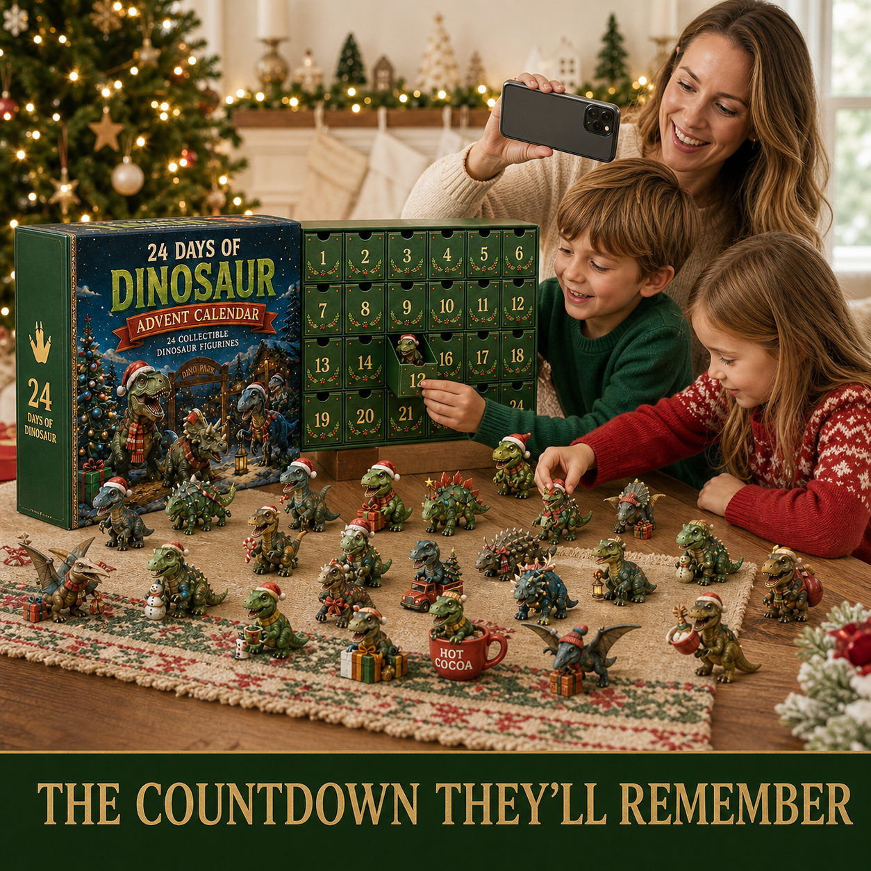 Children enjoying dinosaur advent calendar at Christmas