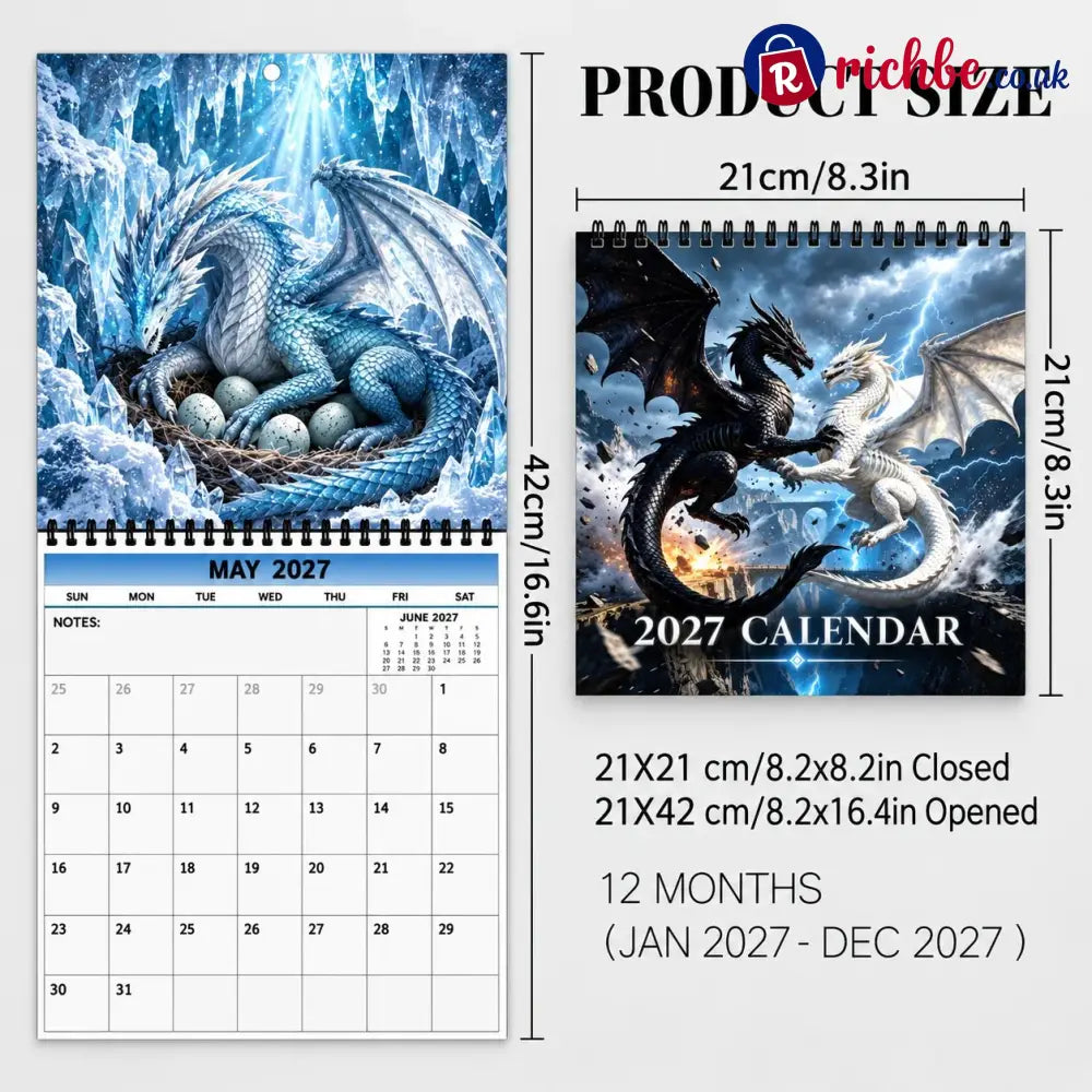 Dragons World 2027 Wall Calendar – 12-Month Epic Fantasy Dragon Calendar Mystical Legendary Art Hanging Planner for