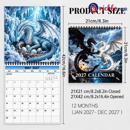 Dragons World 2027 Wall Calendar – 12-Month Epic Fantasy Dragon Calendar Mystical Legendary Art Hanging Planner for